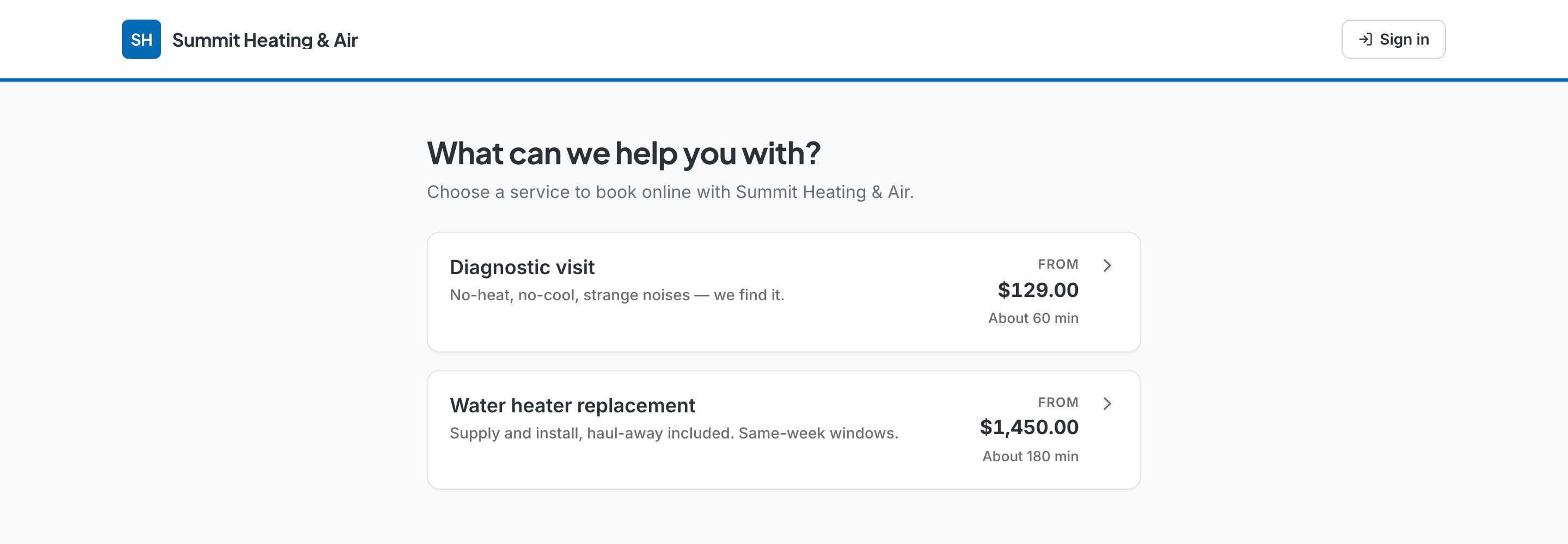 The customer booking page: What can we help you with, with services, from-prices and durations